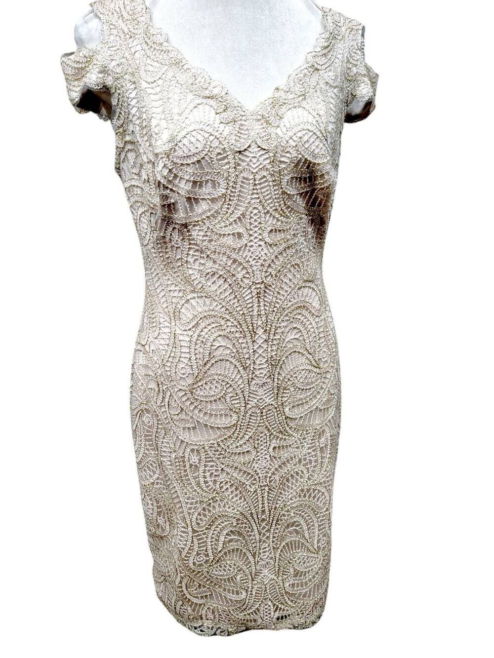 Tadashi Shoji Ivory Gold Embroidered Lace Sheath Cocktail Dress Size 8